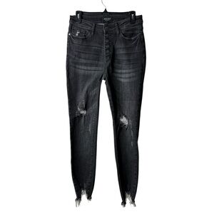 Judy Blue Gray Distressed Skinny Fit Denim Jeans Exposed Button Fly 7 28